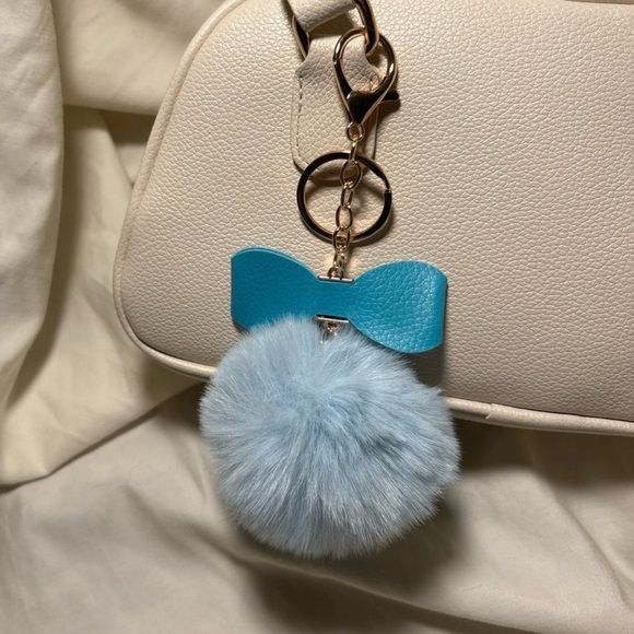 Light Blue Fluffy Rhinestone Bow Pom Pom Keychain Bag Charm - Picture 2 of 2